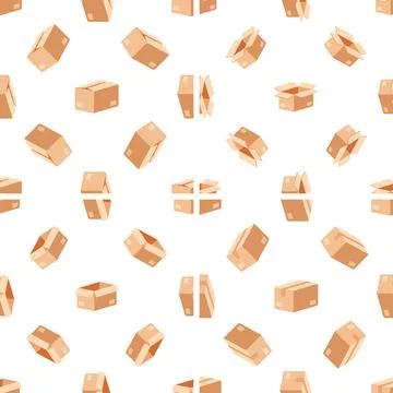 Seamless pattern of open and closed cardboard boxes rotating on white background Stock-Illustration