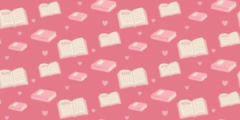 Seamless pattern of open and closed books with hearts on pink background Stock Illustration