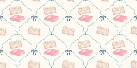 Seamless pattern with open books and laptops in soft pastel colors decorative Stock Illustration