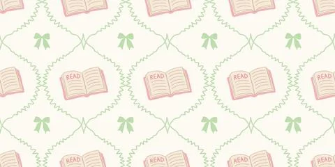 Seamless pattern with open books green bows and decorative circles on cream Stock Illustration