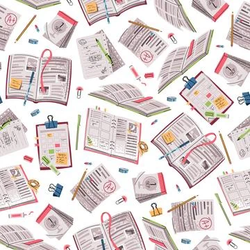 Seamless pattern with open books, notebooks, stationery. Flat design school Stock Illustration