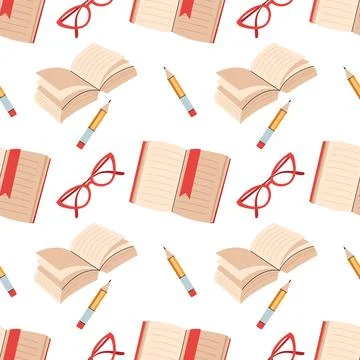Seamless pattern with open books pencils and eyeglasses back to school back.. Ilustración de archivo