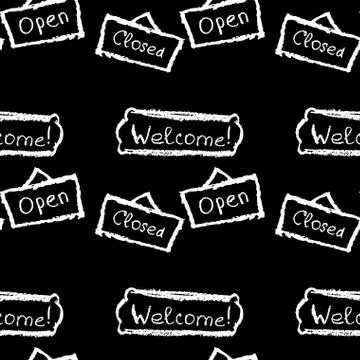 Seamless pattern  open, closed, welcome. Hand drawing chalks sty Stock Illustration