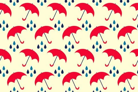 Seamless pattern of open red umbrella and raindrops on a beige background. .. Illustrazione stock