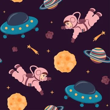 Seamless pattern of open space with cute astronaut, moon, shooting stars, s.. Stock Illustration