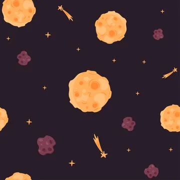 Seamless pattern of open space with the moon, shooting stars, meteorites. S.. Stock Illustration