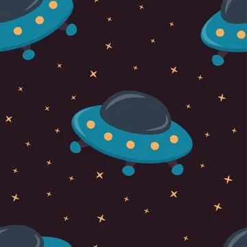 Seamless pattern of open space with a spaceship and stars in cartoon style. Illustrazione stock