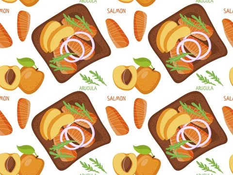 Seamless pattern with open Toast with peach fruits, smoked salmon, purple onion Stock Illustration