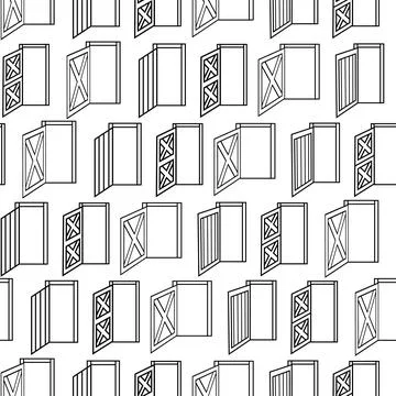 Seamless pattern of opened doors. Black white outline texture of wooden houses Stock Illustration