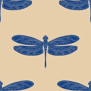 Seamless pattern with openwork dragonflies. Vector illustration. Isolated blue Illustrazione stock