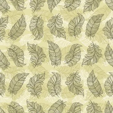 Seamless pattern with openwork leaves, feathers.  Stock Illustration