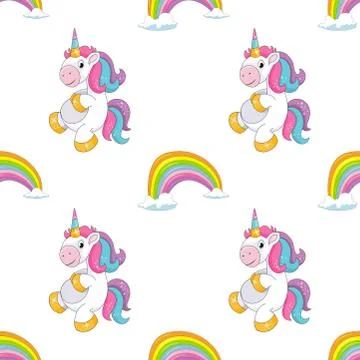 Seamless pattern or background with cute little smiling unicorn, rainbow brid Stock Illustration
