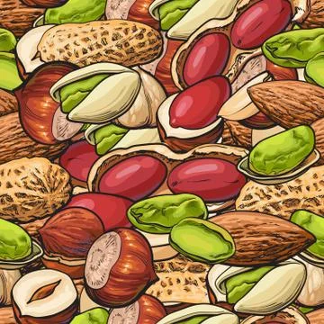 Seamless pattern or background with nuts in nutsheels sketch vector illustration Stock Illustration
