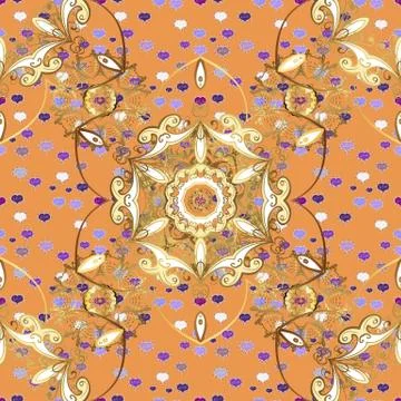 Seamless pattern on orange and beige colors with golden elements. Brilliant lace Illustrazione stock