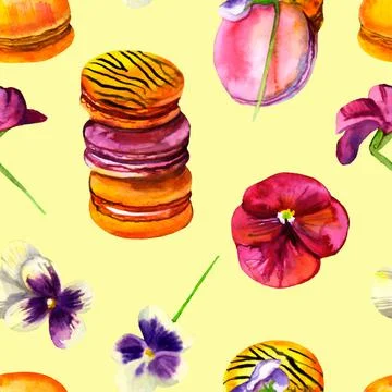 Seamless pattern of orange and pink macaroons with viola flowers Stock Illustration