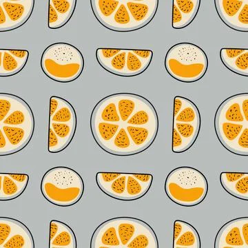 Seamless pattern of orange and tangerine on a gray background. Pieces of fruit. Stock Illustration