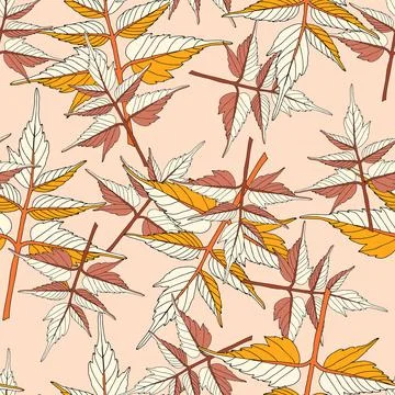 A Seamless pattern of orange and yellow maple leaves isolated on a pink backg Stock Illustration