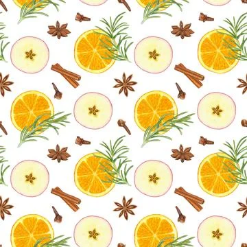 Seamless pattern with orange, apple. Hand drawn watercolor illustration Stock Illustration