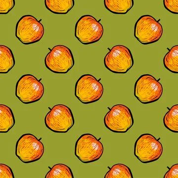 Seamless pattern. Orange apples on a mustard background. A rare polka dot Stock Illustration