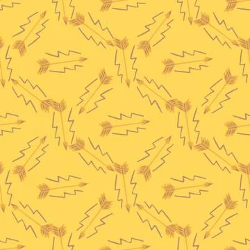 Seamless pattern with orange arrows and purple elements. Yellow background. Stock Illustration