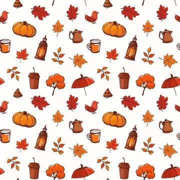 Seamless pattern orange autumn. Hello, Fall. Pumpkins, leaves, nuts, birds, cup Illustrazione stock