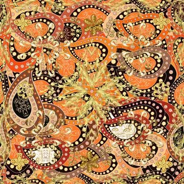 Seamless pattern on orange, beige and brown colors with golden elements. Traditi Stock Illustration