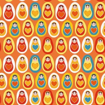 Seamless pattern orange blue red yellow Russian dolls matryoshka. Stock Illustration