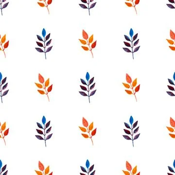Seamless pattern of orange, blue turquoise leaves, hand drawn watercolor element Stock Illustration