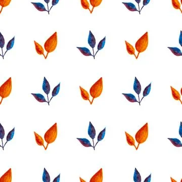 Seamless pattern of orange, blue turquoise leaves, hand drawn watercolor element Stock Illustration