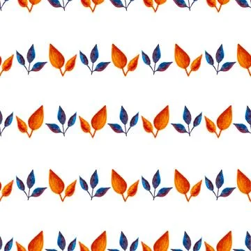 Seamless pattern of orange, blue turquoise leaves, hand drawn watercolor element Stock Illustration