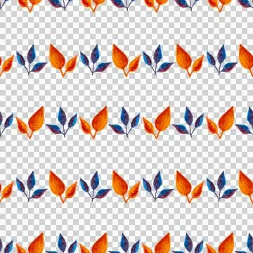 Seamless pattern of orange, blue turquoise leaves, hand drawn watercolor element Stock Illustration