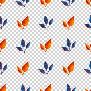 Seamless pattern of orange, blue turquoise leaves, hand drawn watercolor element Stock Illustration