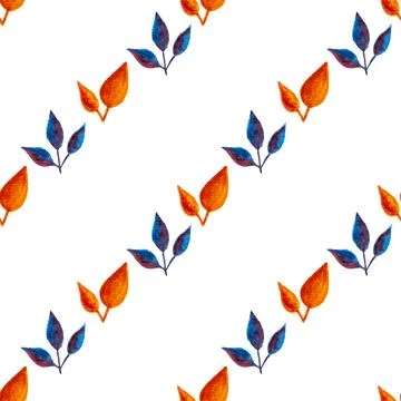 Seamless pattern of orange, blue turquoise leaves, hand drawn watercolor Stock Illustration