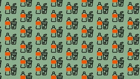 Seamless Pattern of Orange Bottles and Cups on Green Background. Stock Footage 325391061