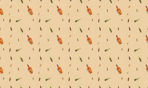 Seamless pattern of orange bottles and green leaves on beige background Stock Illustration