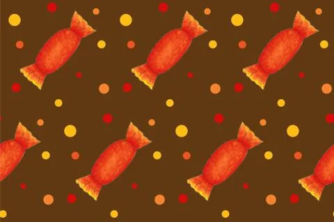 Seamless pattern with orange candies with dots on brown board. Halloween Stock Illustration