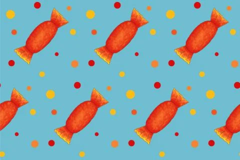 Seamless pattern with orange candies with dots on blue board Stock Illustration