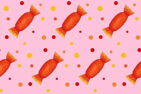 Seamless pattern with orange candies with dots on pink board. Halloween Stock Illustration
