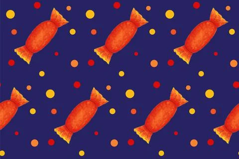 Seamless pattern with orange candies with dots on dark board. Halloween illus Stock Illustration