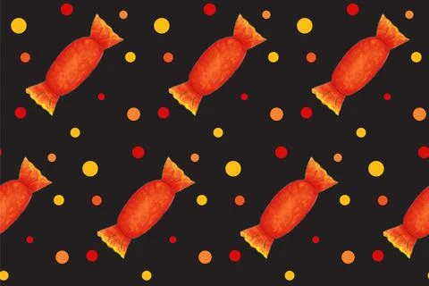 Seamless pattern with orange candies with dots on black board. Halloween illu Foto stock