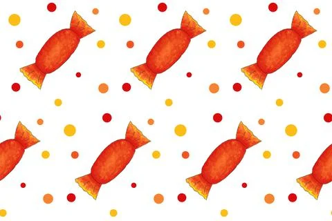 Seamless pattern with orange candies with dots on white board. Halloween illu Foto stock