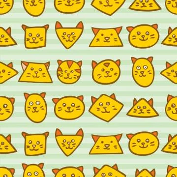 Seamless pattern with orange cat faces on striped blue background Stock Illustration