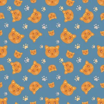 Seamless pattern with orange cat faces and cat paws. Ilustración de archivo