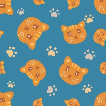 Seamless pattern with orange cat faces and cat paws. Ilustración de archivo