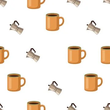 Seamless pattern with orange coffee mugs and moka pots on white background. Stock Illustration