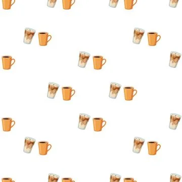 Seamless pattern with orange coffee mugs and iced coffee glasses on white b.. Illustrazione stock