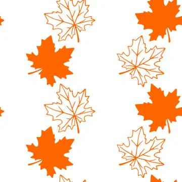 Seamless pattern of orange contoured silhouette maple leaves isolated on a wh Stock Illustration