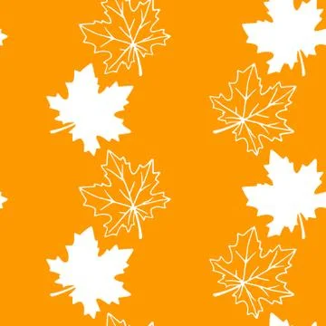 Seamless pattern of orange contoured silhouette maple leaves isolated on oran Illustrazione stock