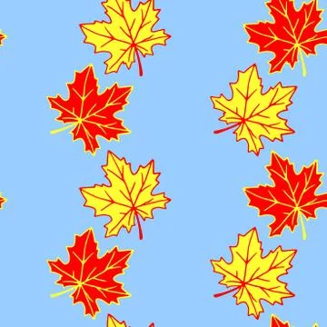 Seamless pattern of orange contoured silhouette maple leaves isolated on blue イラスト素材