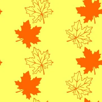 Seamless pattern of orange contoured silhouette maple leaves isolated on yell Stock Illustration